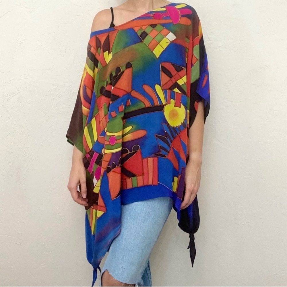 Vintage 1990s Dilemma New York Hand Painted 100% Silk Abstract Modern Art Top